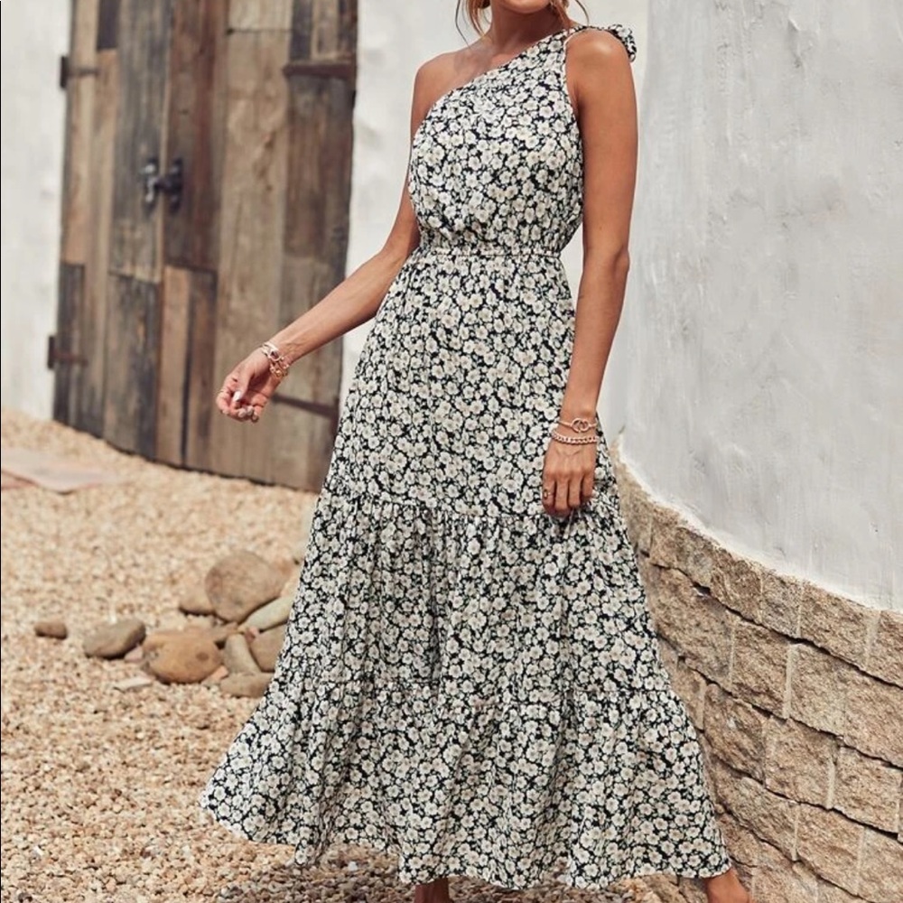 Boho floral print one shoulder A line dress
